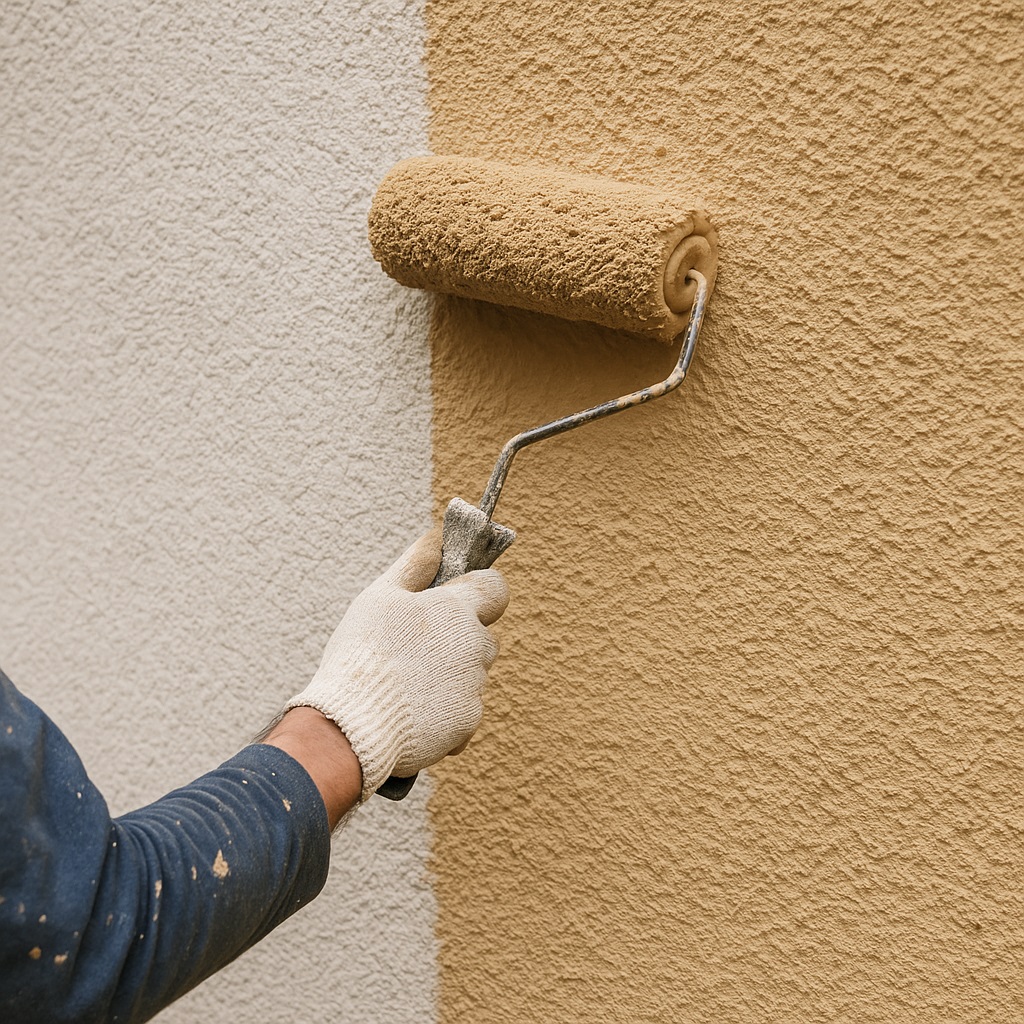 Applying coating on stucco wall with roller